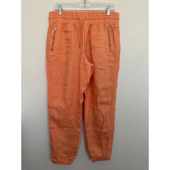 Athleta Cabo Linen Joggers Orange Drawstring Breathable Beach Women's Size 10 - Picture 2 of 8